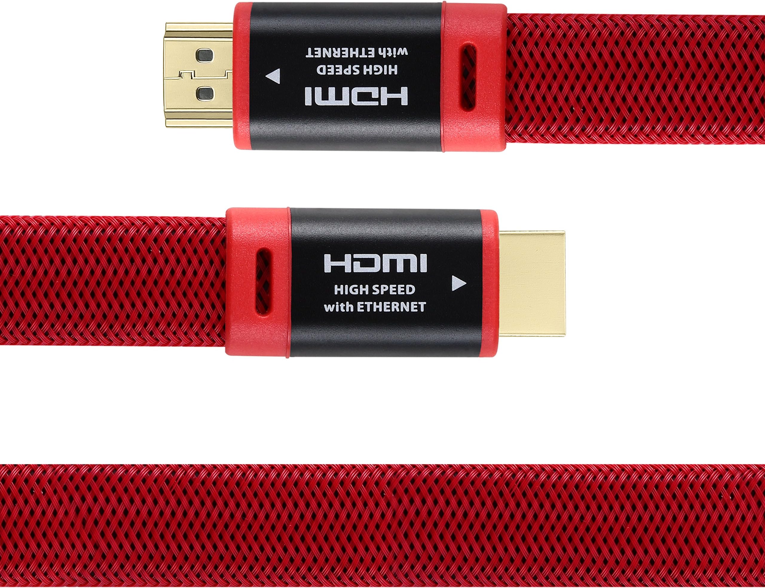 YASON Series - Flat HDMI Cable with Ethernet (15 FT/5M) - Supports 3D & Audio Return Channel [Latest Version], aluminum casing, Red braid, Cable Tie