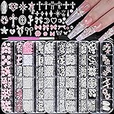 5Boxes Silver Nail Charms and Gems Kit, 3D Metal Flower Heart Bow Cross Star Nail Studs Charms for Nails Design, Pink White Flatback Rhinestones and Pearls Mini Caviar Beads with Tweezers for Nail Art