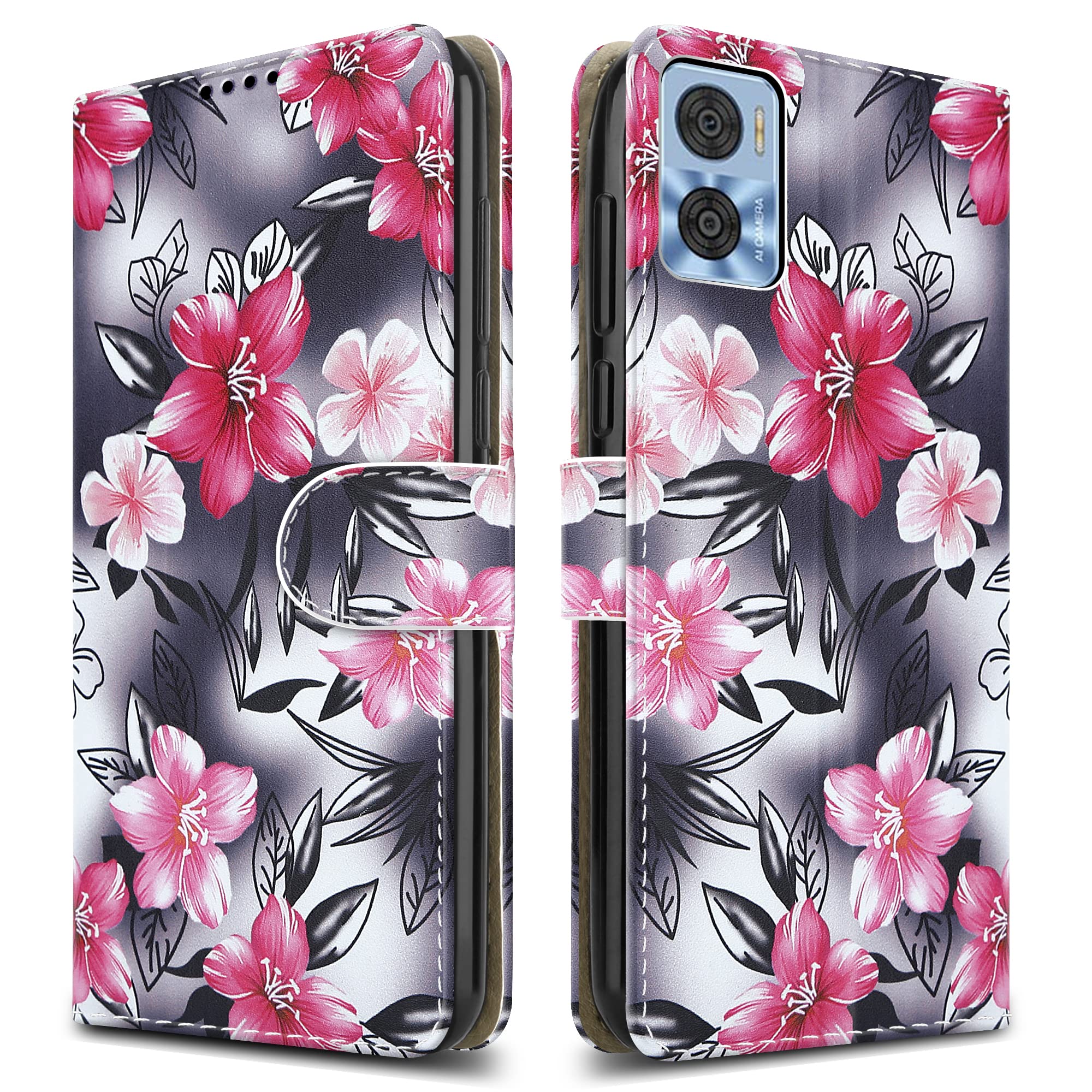 PIXFAB For Motorola E22 / E22i Leather Phone Case, Magnetic Closure Full Protection Book Folio Design, Wallet Case Cover [Card Slots] and [Kickstand] For Motorola Moto E22 / E22i - Flower