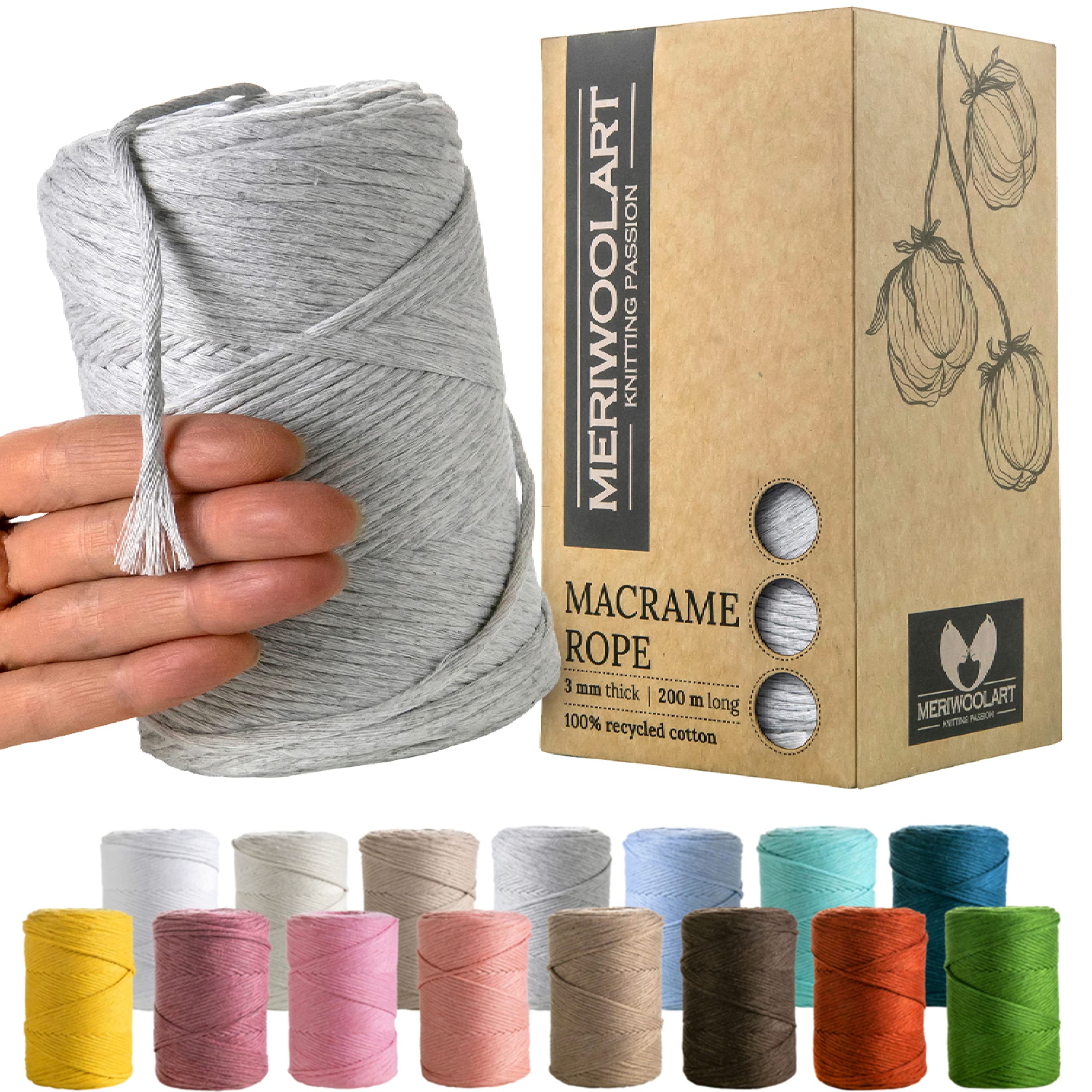 MeriWoolArt Macrame Cord 3mm - Macrame Rope 200m - Super Soft, Single Twist Macrame String - Oeko-Tex 100% Recycled Cotton Macrame Cord Coloured- For DIY Macrame Crafts (Light Gray)