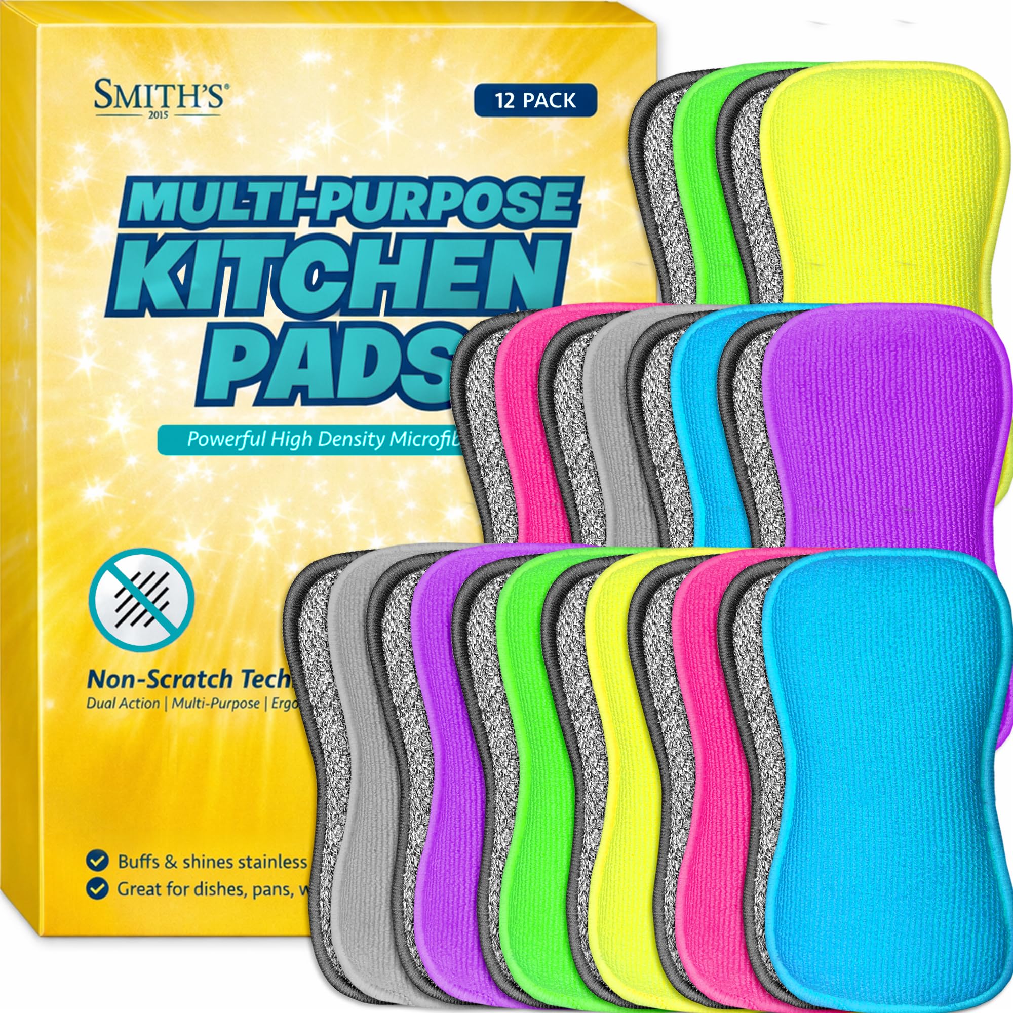 Multi-Purpose Kitchen Pads by Smith’s® | Multicoloured | 12 Pack | Washing Up Dishes & Multi-Surface Scrub Sponges | Kitchen & Home | Non-Scratch | Durable | Chemical Free