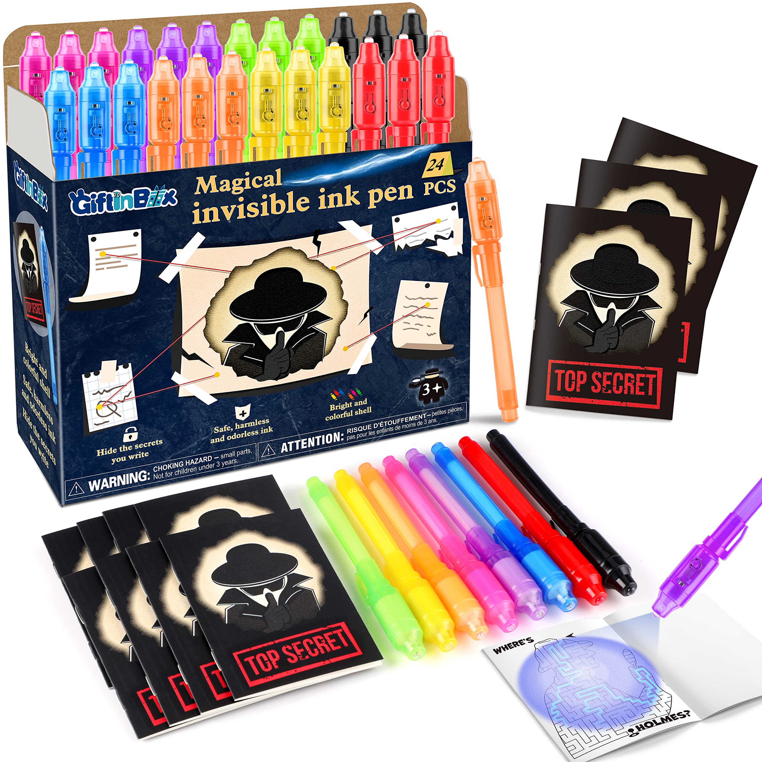 GIFTINBOX Invisible Ink Pens with UV light for Kids, Spy Pen Party Favors for Kids 8-12, 24Pack Invisible Ink Pen and Notebook, Magic Marker for Secret Message Birthday Party Favors for Kid 4-8