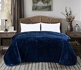Chezmoi Collection Heavy Single Ply 12.2 Lbs Oversized Korean Style Faux Mink Blanket, 750GSM Thick Silky Soft Plush Raschel Mink Blanket, 92" x 106" US King, Solid Navy