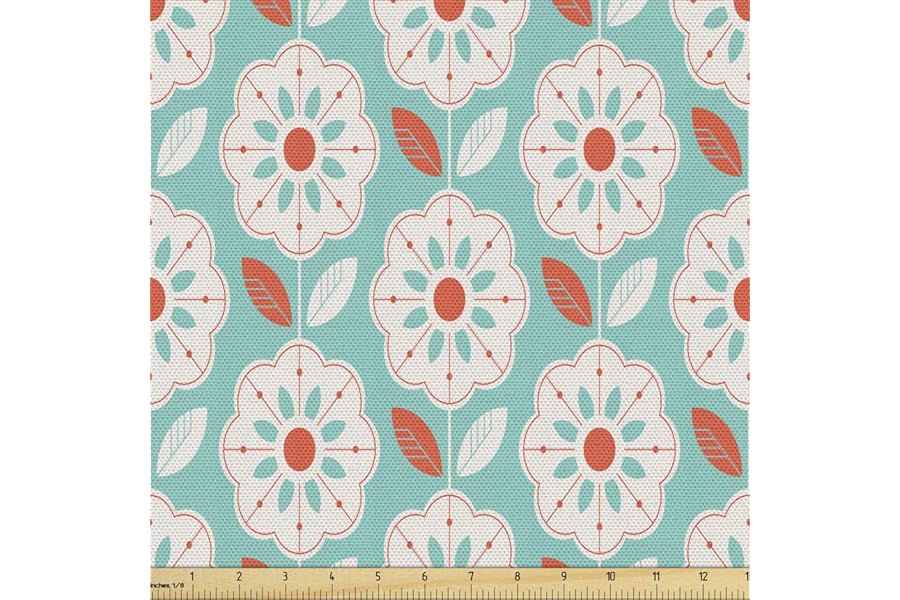 Lunarable Retro Modern Fabric by The Yard, Symmetrical and Simplistic Design Scandinavian Flowers and Striped Leaf, Decorative Fabric for Upholstery and Home Accents, 1 Yard, Vermilion Seafoam