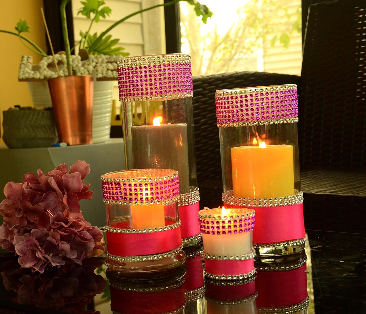 Amazon Com 4 Piece Decor Glass Cylinder Vases Pillar Candle Holders Bridal Shower Decor Wedding Centerpiece Christmas Decor Rhinestone Candle Holder Flower Vase Bouquet Holder Sweet Sixteen Decor Indian Wedding Handmade