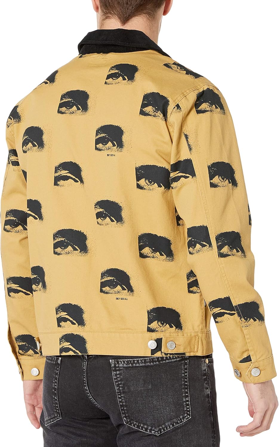 Obey Men's Boxy fit. Printed Zip Jacket with Contrast Corduroy Collar: Clothing