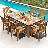 YEFU 7-Piece Patio Table Set, All-Weather HIPS, Metal Aluminum Frame, Teak | Outdoor Table and Chairs Dining Furniture Set with Umbrella Hole, Modern Plastic Dining Sets 6 Person for Outside Deck