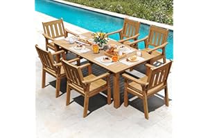 YEFU HIPS Patio Table Set: 7 Piece Outdoor Table and Chairs Dining Furniture Set with Umbrella Hole - Teak Modern Plastic Dining Sets 6 Person for Outside Deck with Metal Aluminum Frame