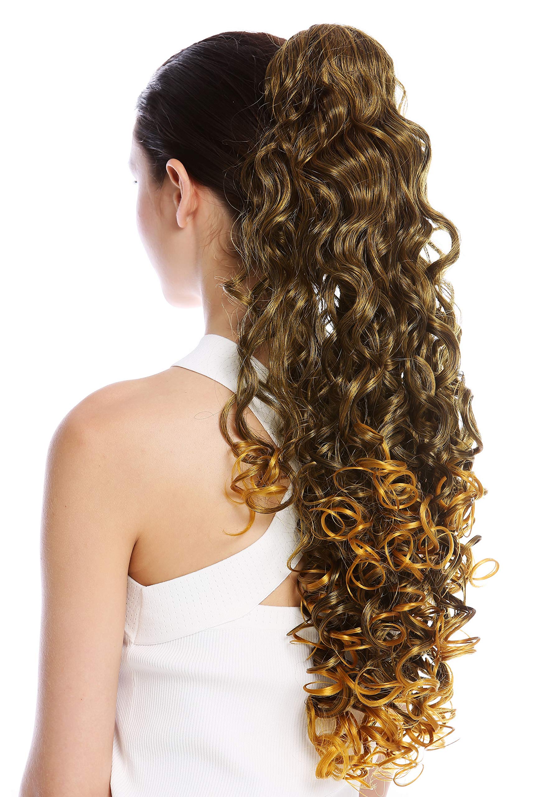 WIG ME UP - MKB-21-V-2T144 Ponytail Hairpiece Extensions optional Combs & Clamp very long voluminous curled dark brown with blond highlights 23inch