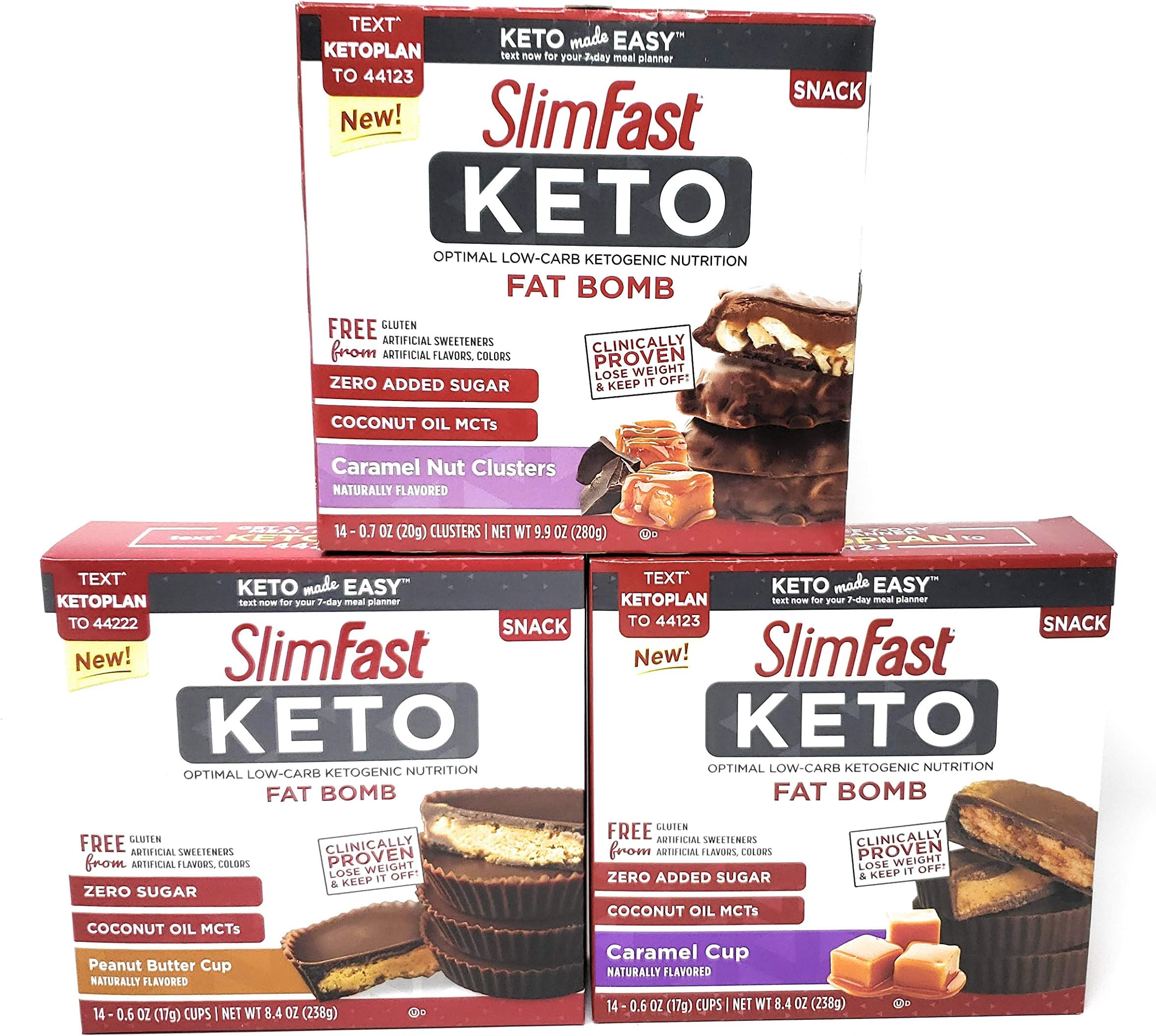 Slimfast Keto Fat Bomb Variety Pack Bundle of 3 Flavors: Peanut Butter Cup, Caramel Cup, and Caramel Nut Clusters