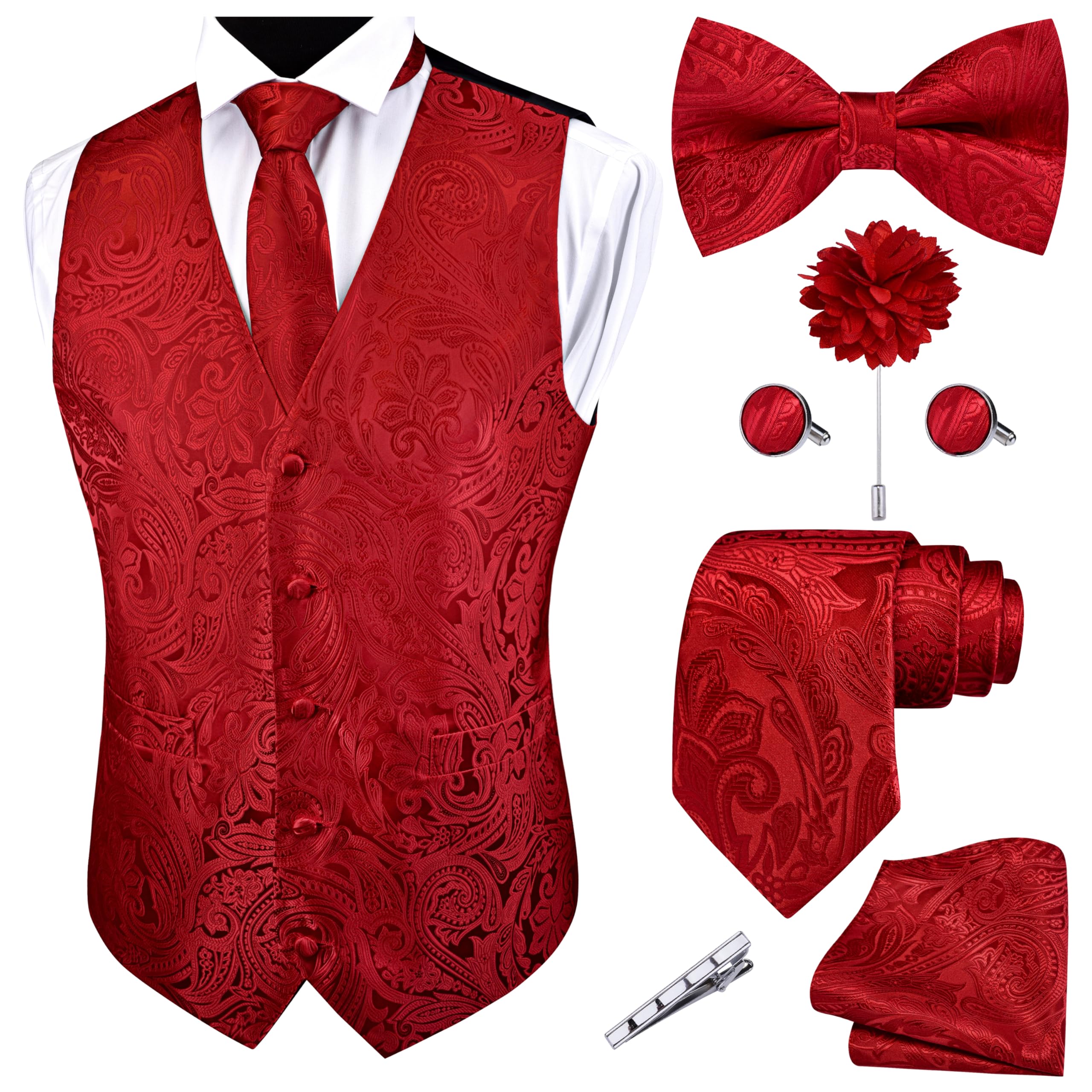 GUSLESON Red Mens Vest Tie and Bow Tie Set Formal