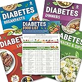 HAMIEW 5 Pack Diabetes Food List Chart & 80+ Meal Planner Recipes for Beginner, Laminated Diabetes Diet Plan for Type 1 & 2, Food To Eat - Avoid w/Serving Size, Glycemic Index (GI), Net Carbs Calories