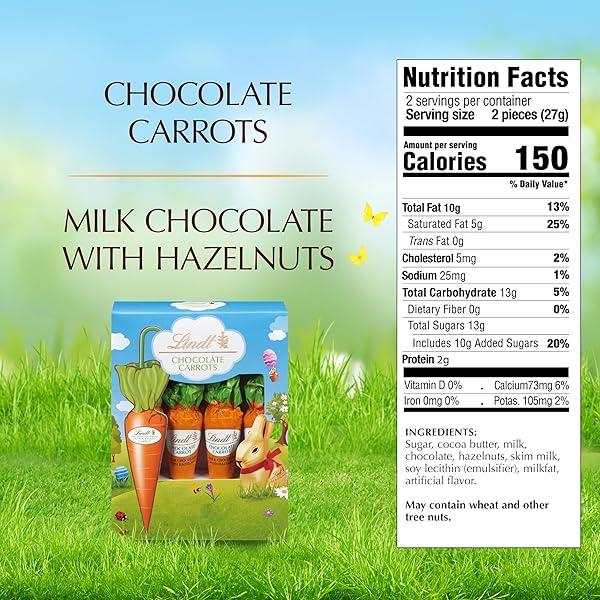 LINDT CHOCOLATE CARROTS, SOLID MILK CHOCOLATE EASTER CANDY BLENDED WITH HAZELNUT, 1.9 OZ BOX