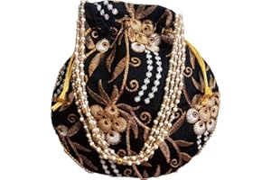 EKAVYA Potli Bag for Women Ethnic Gold, Pearl Handle Floral Accents, Drawstring Closure Pearls Handle Batwa Clutch Purse