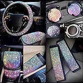 15 Pcs Bling Car Accessories Set, Include Rhinestone Steering Wheel Cover Crystal Handbrake Cover and Center Console Glitter Bling Car Accessories 3 Sticker Ring Emblem 4 Valve Stem Cap 2 Holder