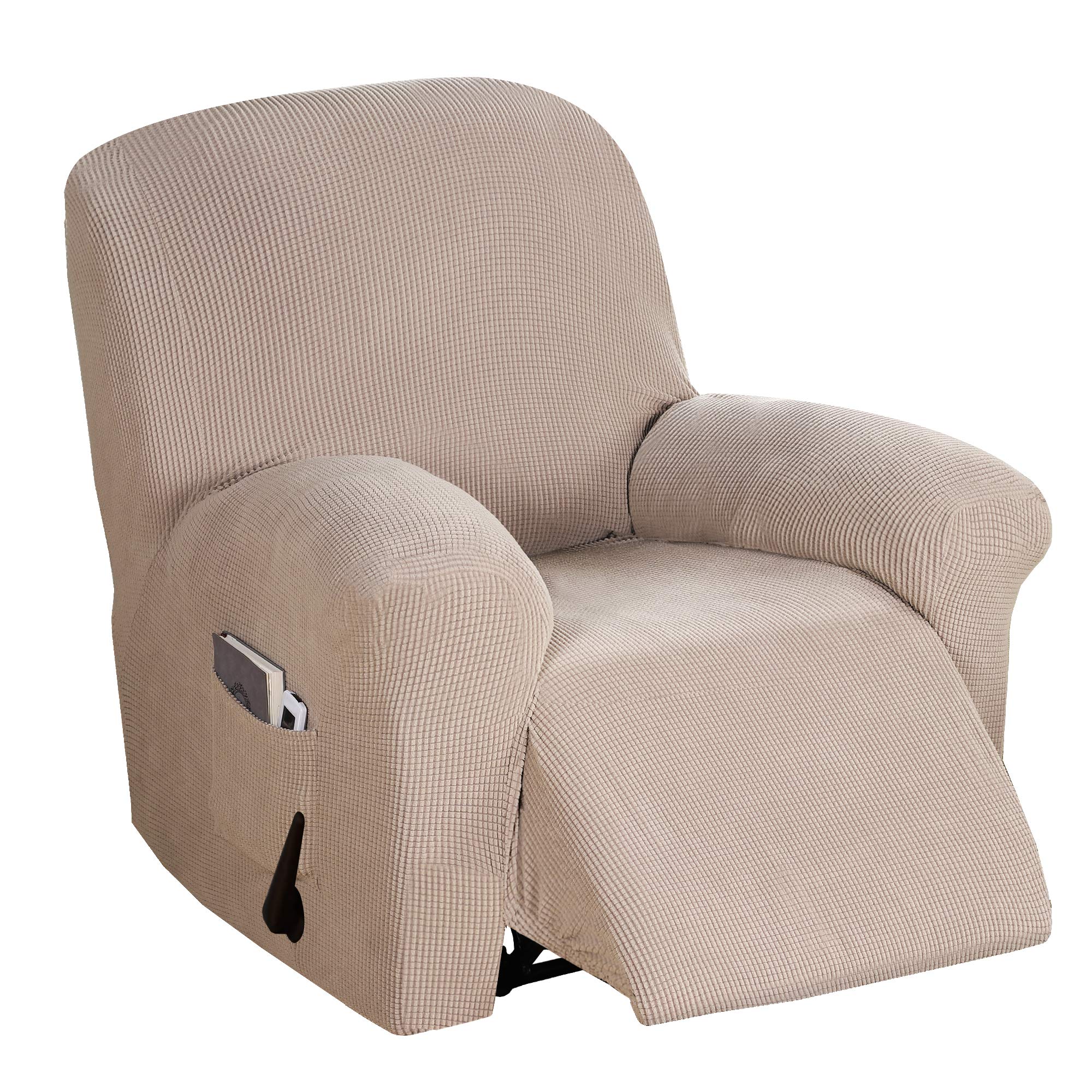 BellaHills Stretch Recliner Cover Recliner Chair Covers for Living Room Recliner Chair Slipcover with Side Pocket, Thick Soft Small Checked Jacquard, Fitted Standard/Oversized Recliner, Sand