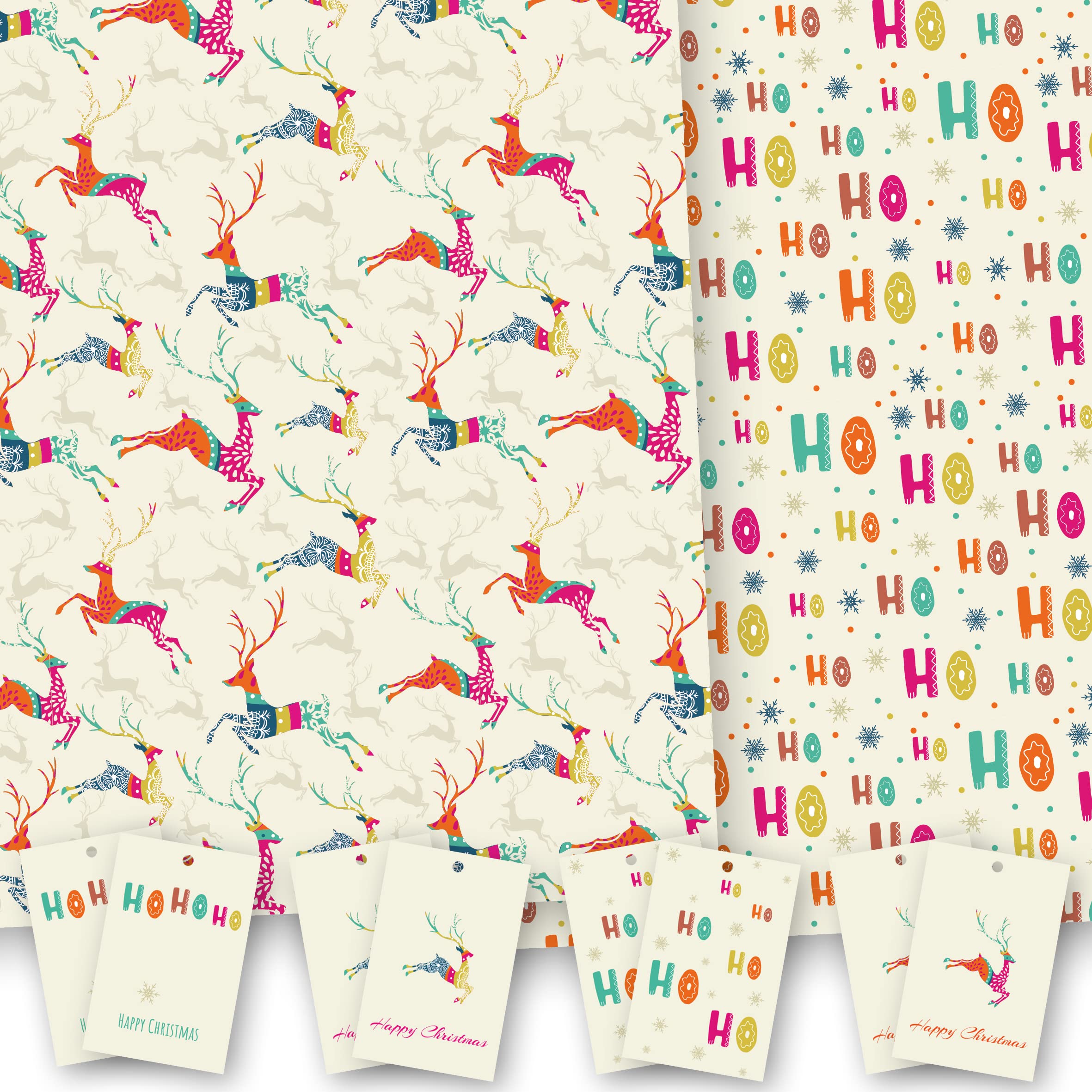 Christmas Wrapping Paper. 8 XL Sheets (50 x 70cm). Deer & HoHoHo Designs. Gift Wrap Twin Design Pack with Matching Tags. Cutting Grid on Reverse.