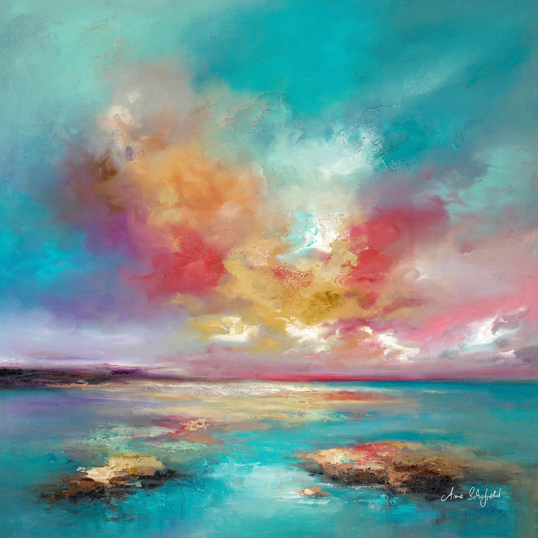 Artko Abstract Sunset Canvas Print Wall Art - 'Rosy Clouds' by Anna Schofield - Nature Themed Artwork - Ready to Hang Home Décor - 30 x 30cm