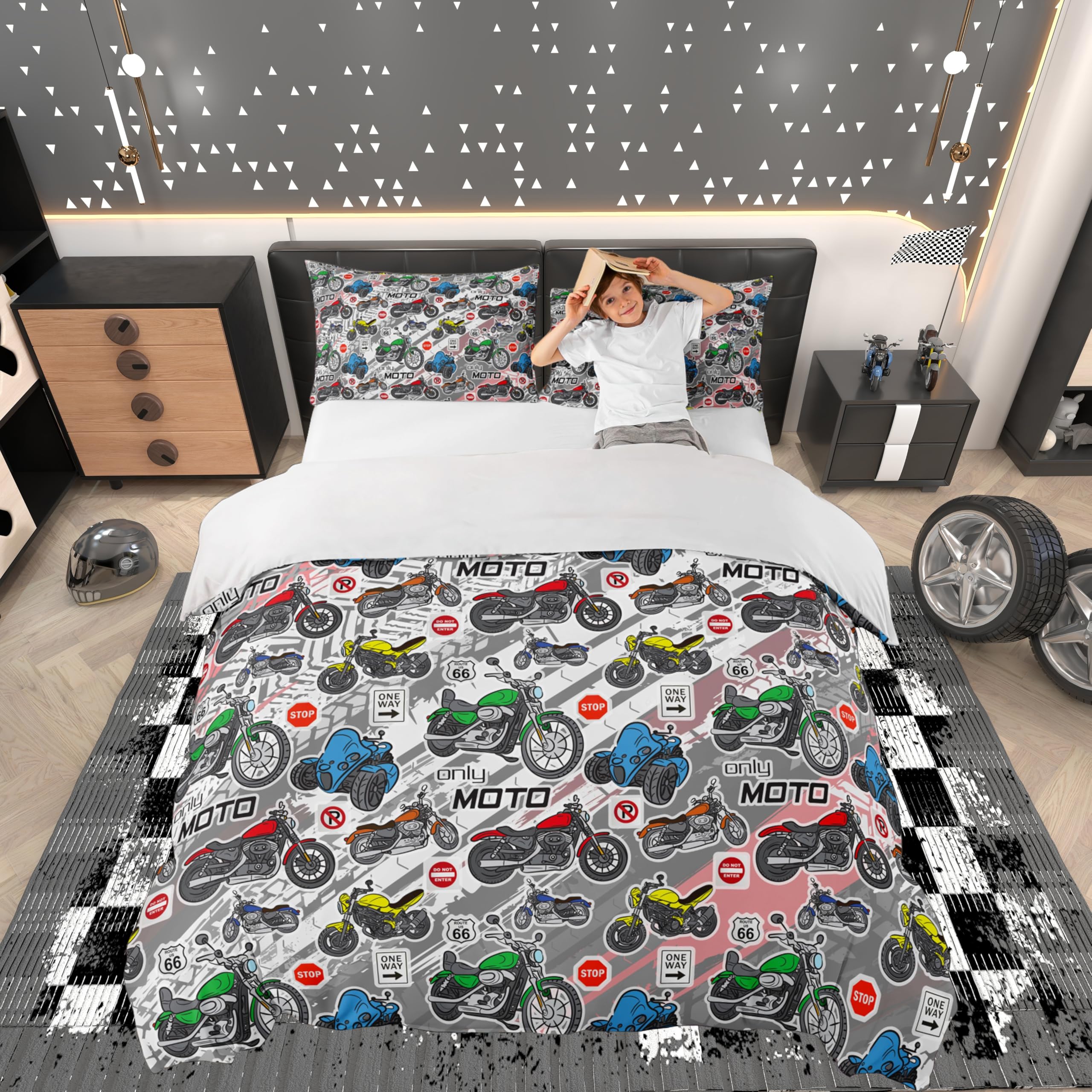 Loussiesd Boys Motocross Bedding Set Extreme Sports Theme Duvet Cover For Kids Children Teens Colorful Motorcycle Comforter Cover Dirt Bike Motorbike Bedroom Decor Quilt Cover 2Pcs Single Size