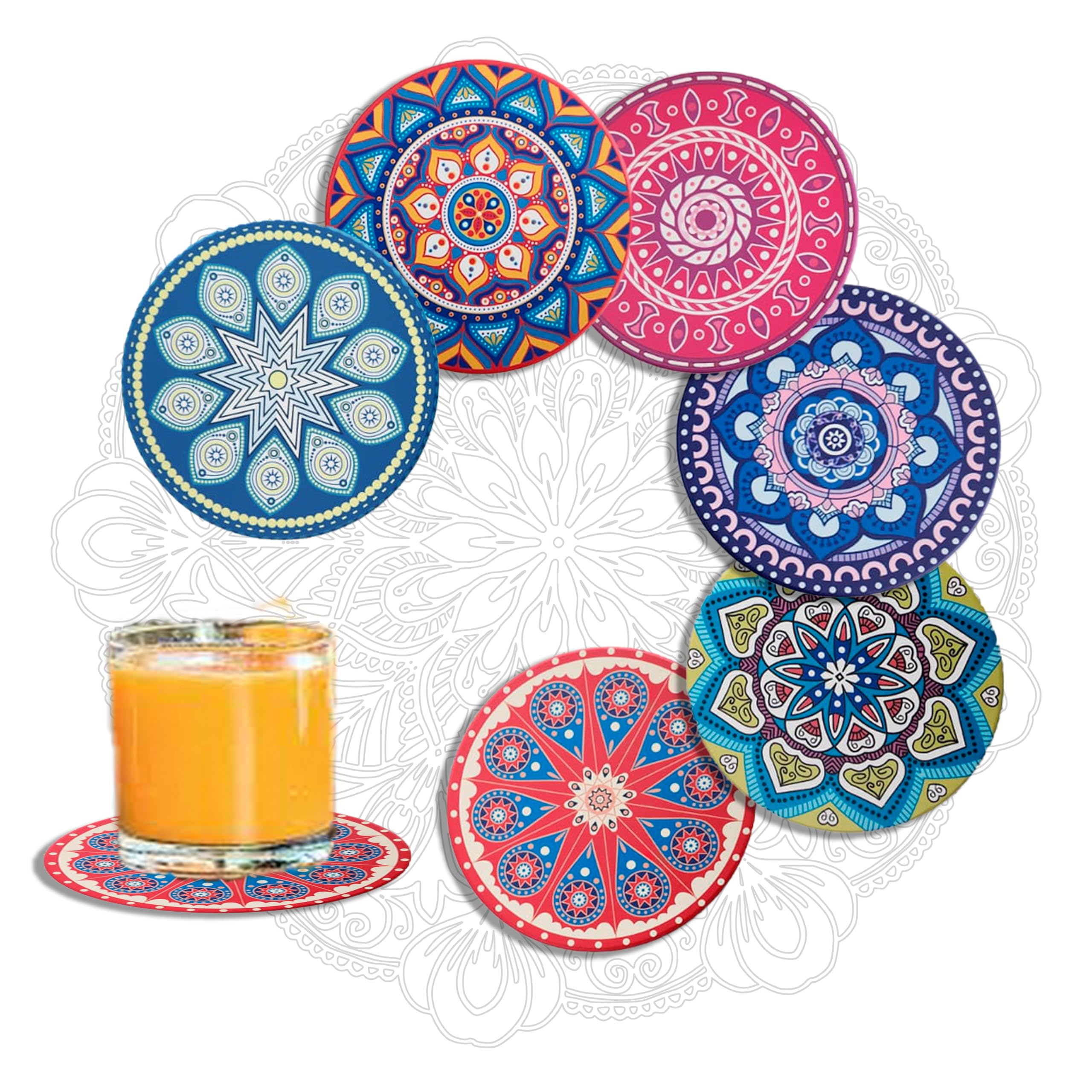 MALANGI Drink Coasters Set of 6 With Stand - Ceramic Turkish Coasters - Absorbent Giftable Coaster - Non-Scratch Top & Non-Slip Cork Base (Style 11 Without Stand)
