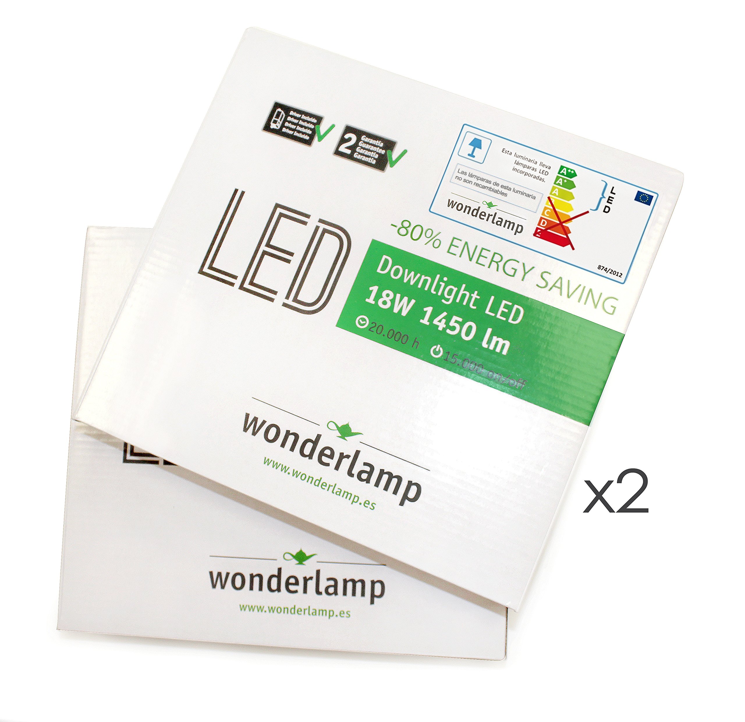 Wonderlamp W-E000048 - Pack 2 x Downlight LED extraplano cuadrado blanco, iluminacion led 18W (1450 lm), 6000K (luz fría). Plafón de techo.