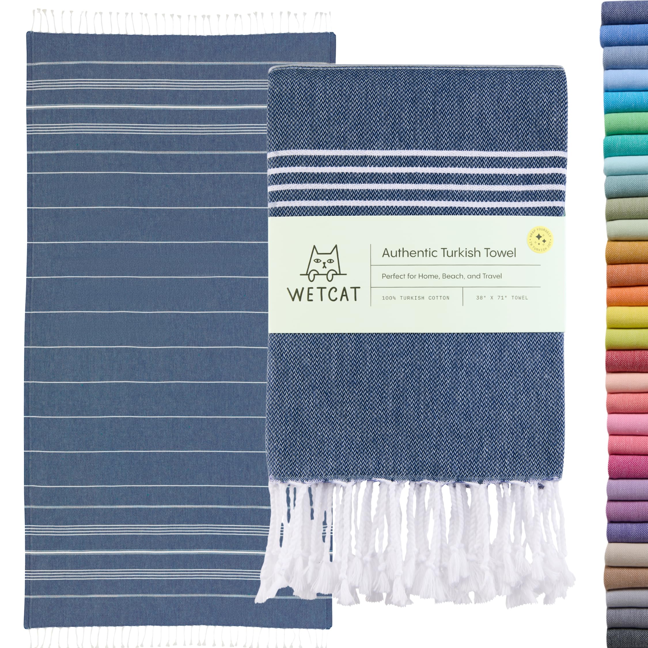 WETCAT Turkish Beach Towel Oversized 38x71 100% Cotton Sand Free Quick Dry Extra Large Light Travel Towel for Adults Beach Accessories Gifts - Dark Blue