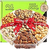 NUT CRAVINGS - Purim Mishloach Manot Mixed Nuts Gift Basket + Heart Ribbon (7 Assortments) Treats for Adults, Food Arrangement, Healthy Snack Care Package, Kosher