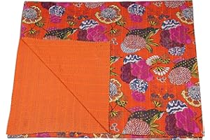 Marubhumi Indian Handmade Stitched Pure Cotton Fruit Print Kantha Quilt, Reversible Kantha Quilt (Orange, Baby (40"x 60"))