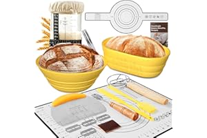 BICRET Sourdough Starter Kit with Jar – Complete Sourdough Bread Baking Supplies for Beginners, Includes 2 Silicone Proofing Baskets Baking Mat Sour Dough Kit - Yellow