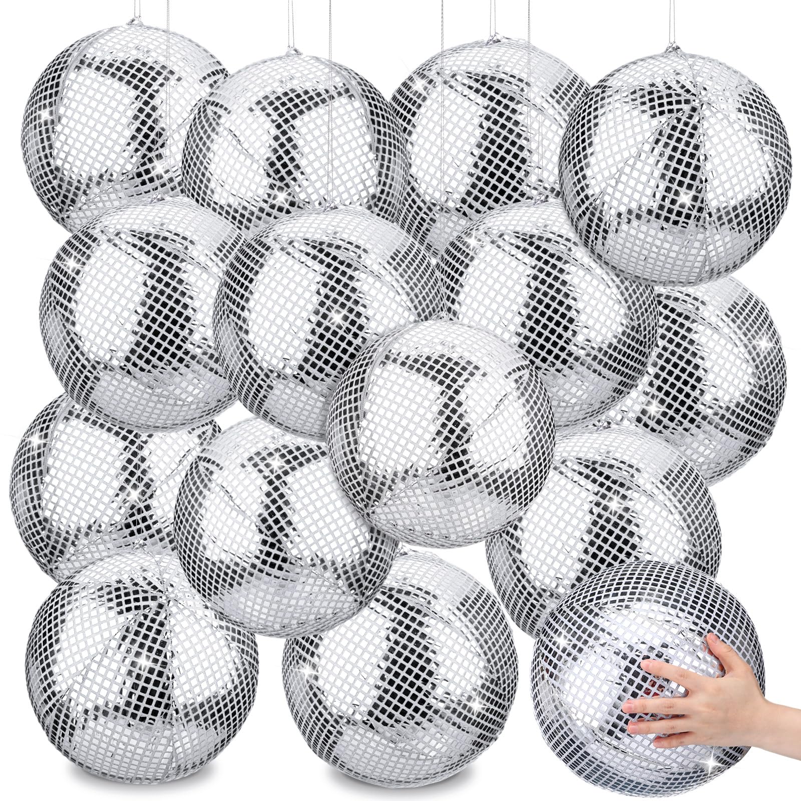 Photo 1 of HyDren 4 Set Inflatable Disco Ball with Cover Foldable Hanging Mirror Disco Ornaments for Summer Beach Wedding Birthday Baby Shower Bachelorette Party Indoor Outdoor (12 Inch)