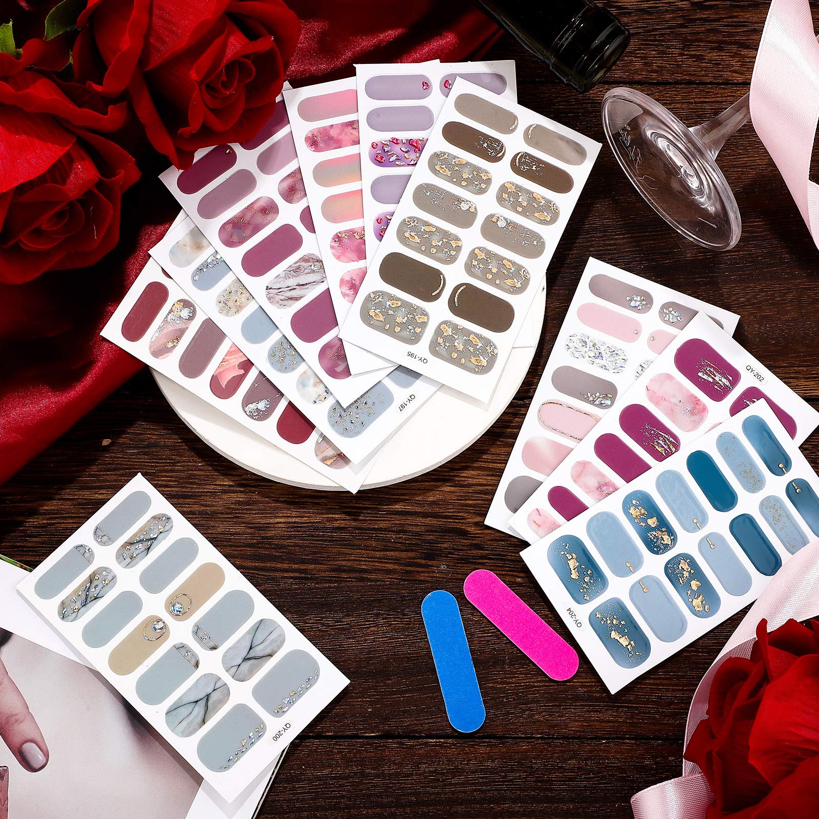 140 Pcs 10 Sheets Full Wrap Nail Stickers Polish Strips Gradient Stickers Glitter Self Adhesive DIY Art Decals Strips with 2 Pcs Nail Files for Holiday Decor (Classic Style) - Image 6