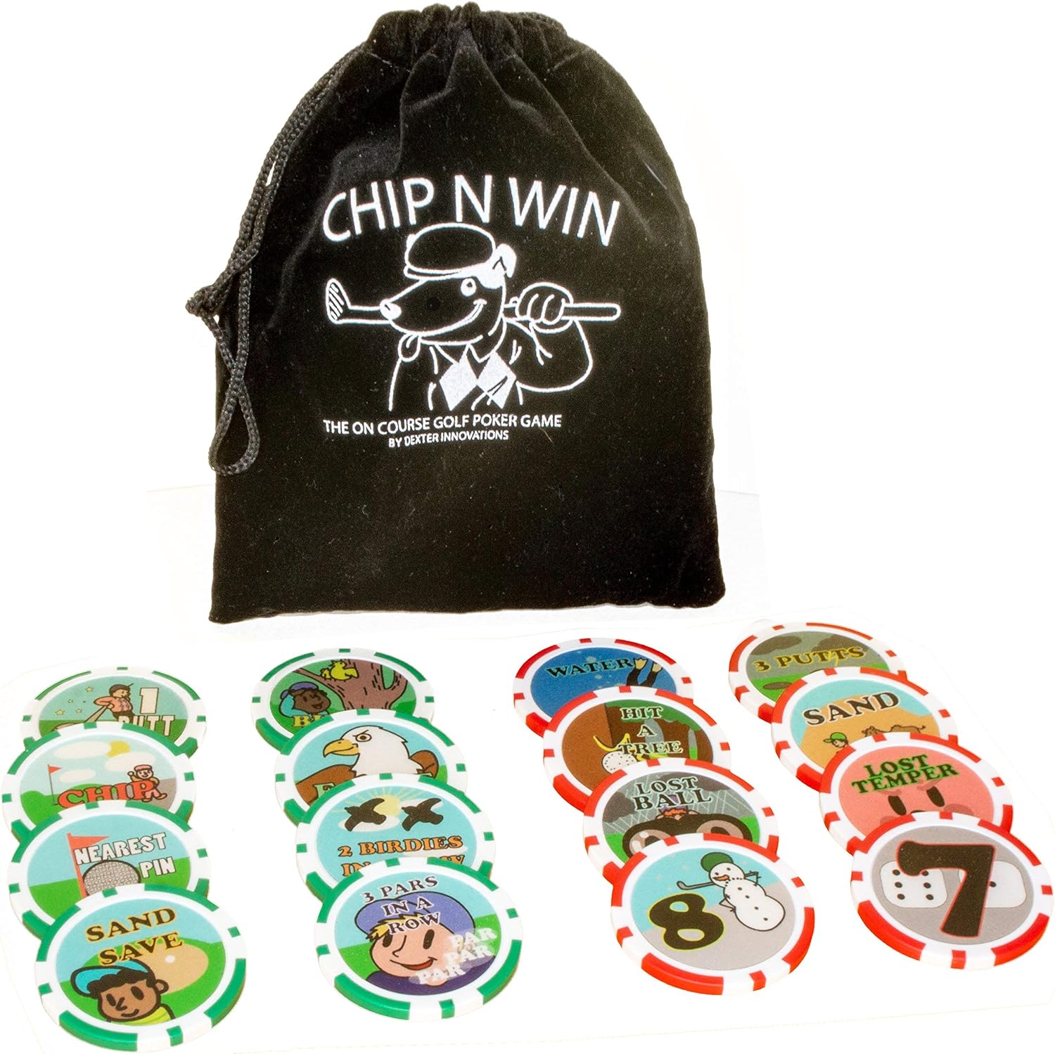 Dexter Innovations CHIP N WIN. The On Course Golf Poker Chips Game with 16 Fun Chips. Play at the Same Time as Your Normal Round Adding an Extra Element of Fun. 2-4 Adults (Ages 18+). EVA Case