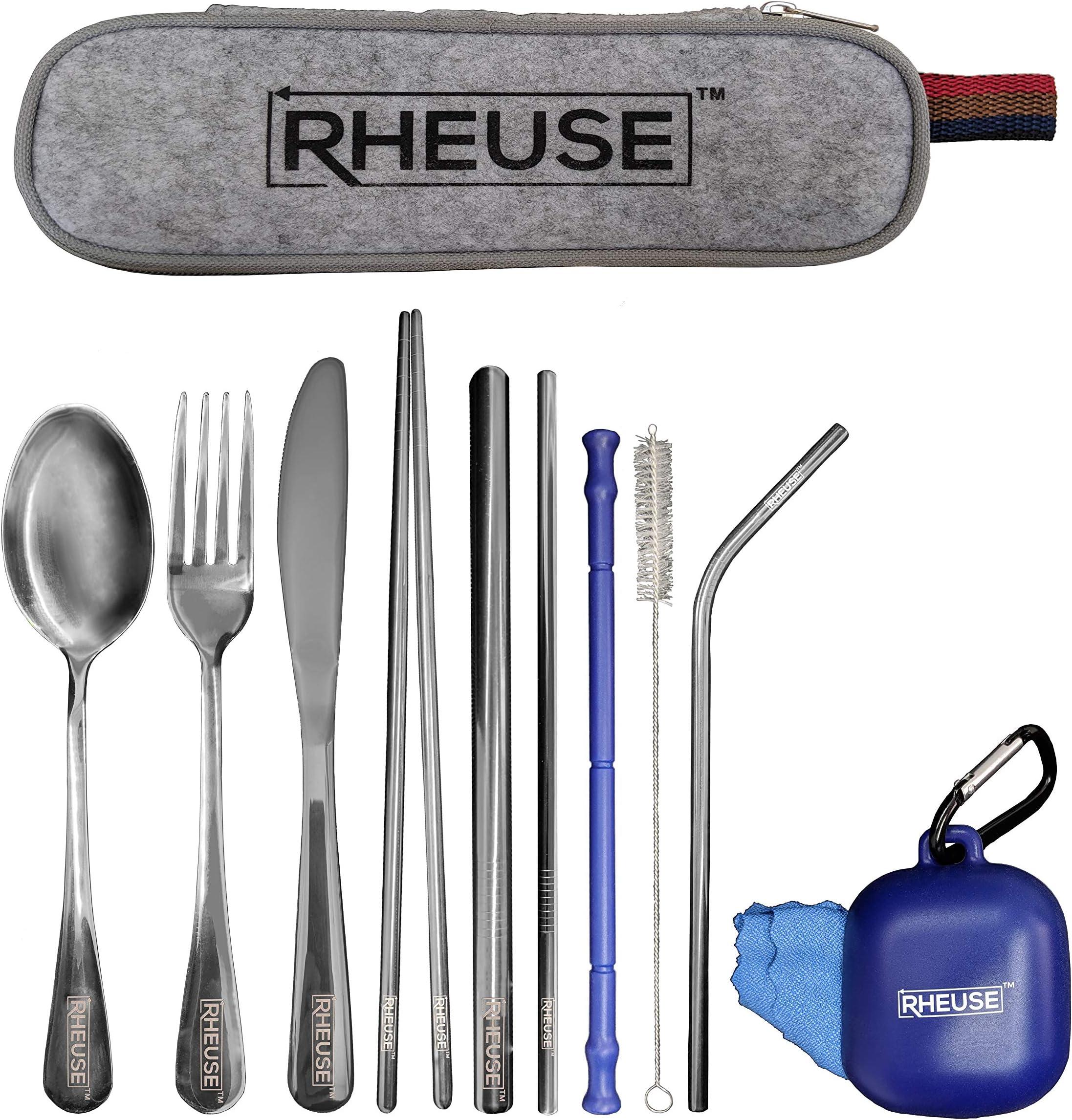 Portable Utensils, 10 Piece Stainless Steel Flatware Set, Reusable Towel, Travel Size Personal Cutlery Set, Carrying Case, 3 Metal And 1 Silicone Straw, Spoon, Fork, Knife, Chopsticks