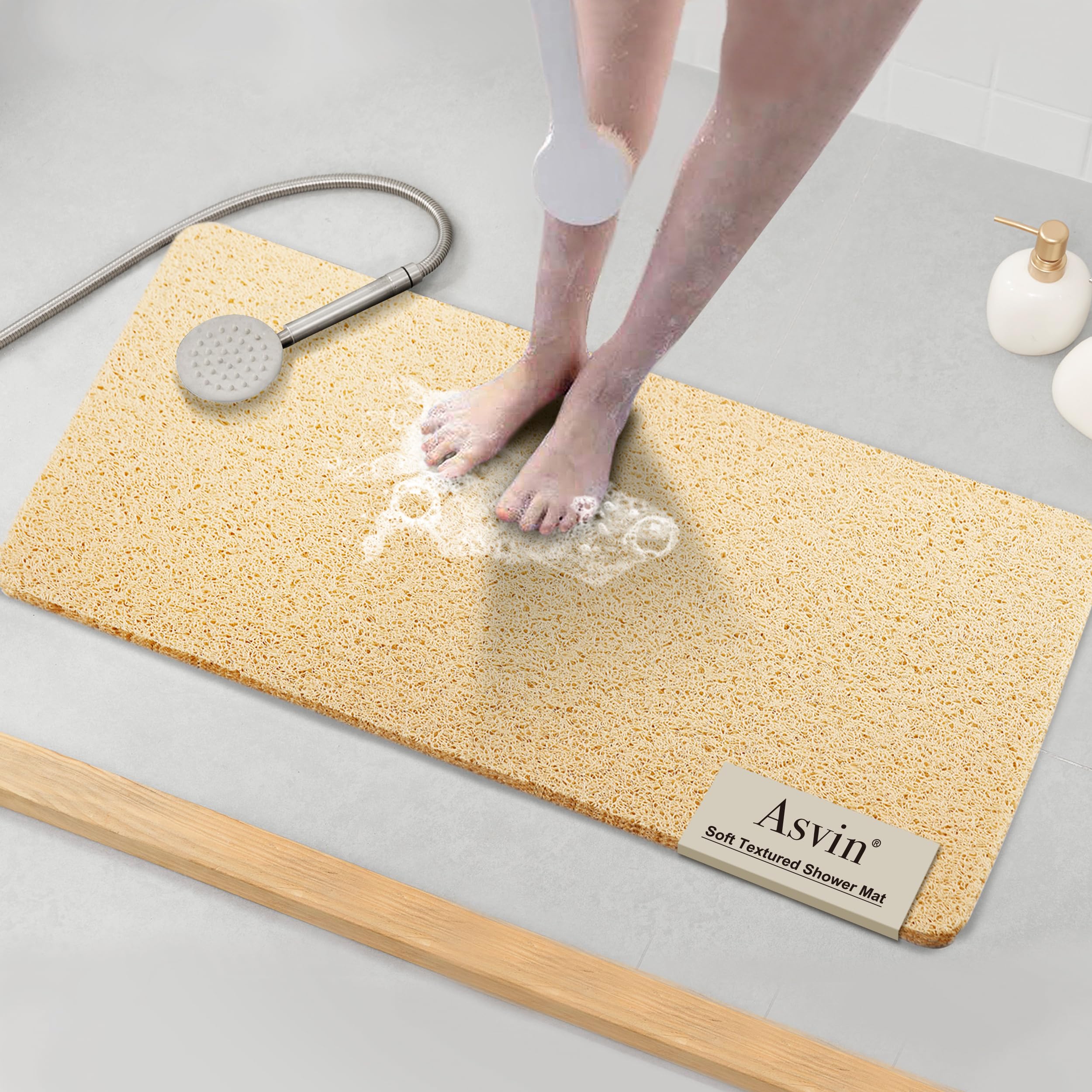 Asvin Soft Textured Bath, Shower, Tub Mat, 35x16 Inch, Phthalate Free, Non Slip Comfort Bathtub Mats with Drain, PVC Loofah Bathroom Mats for Wet Areas, Quick Drying, Beige, 35'' x 16''