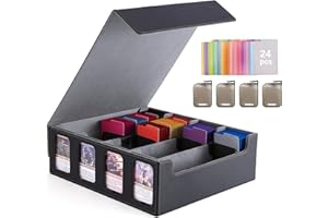Venssu Card Storage Box for Trading Cards with Card Supporters, 3000+ MTG Deck Box with 24 Colorful Divider Tabs, Trading Card Storage with Viewing Windows Fits for Magic Game(Black and Grey)