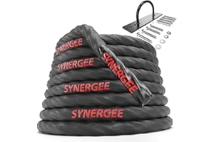Synergee Battle Rope with Wall Anchor & Protective Sleeve. Available in 1.5” or 2” Diameter and 30/40/50 ft. Training Rope fo