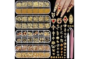 Teenitor Gold Nail Charms and Gems Set, 4 Boxes Nail Gems Nail Pearls Nail Art Tools, 3D Cross Nail Charms Heart Nail Rhinestones for Nails Supplies, Charms for Nails Design Nail Art Kit