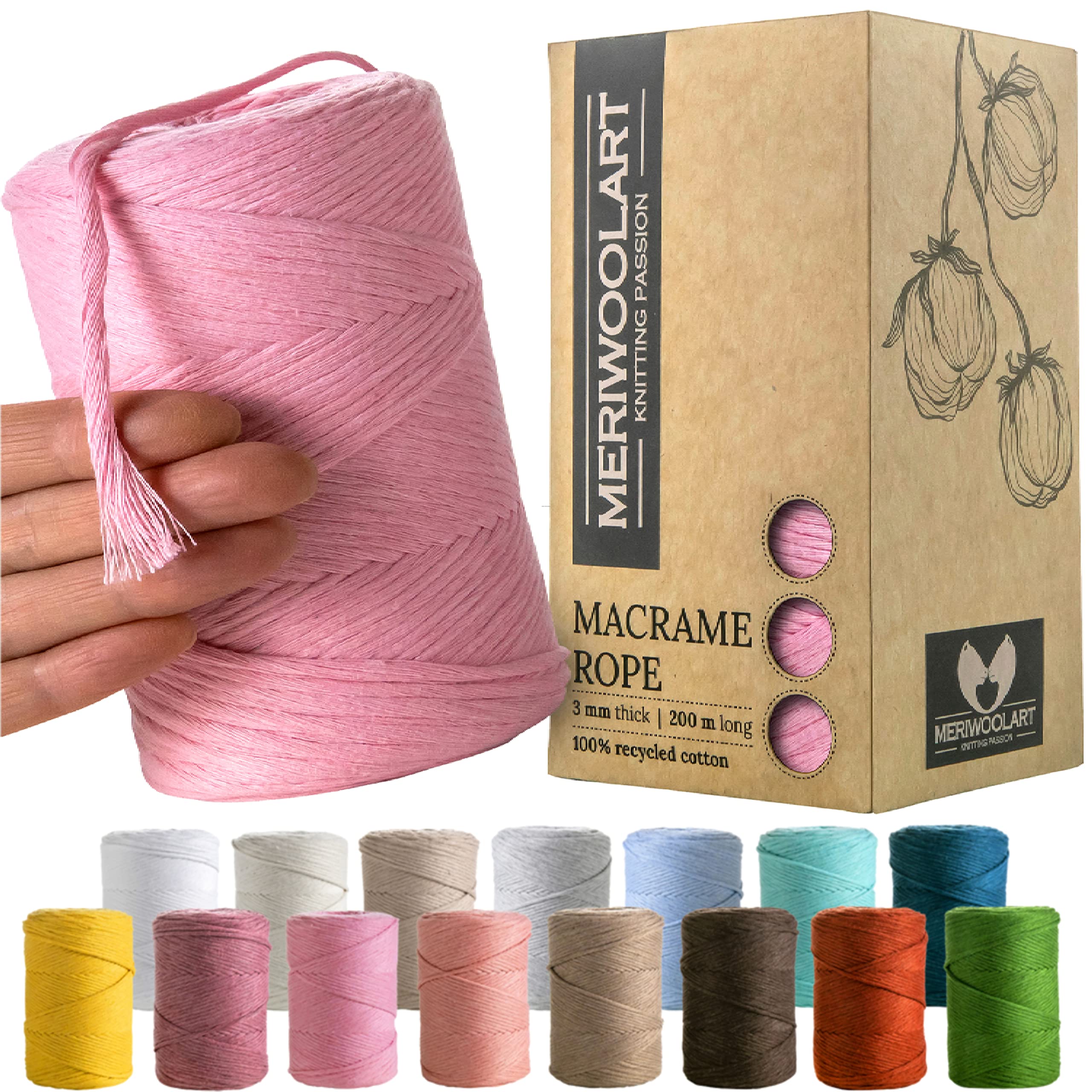 MeriWoolArt Macrame Cord 3mm Pink - Macrame Rope 200m - Super Soft, Single Twist Macrame String - Oeko-Tex 100% Recycled Cotton Macrame Cord Coloured- For DIY Macrame Crafts, Boho Home Décor
