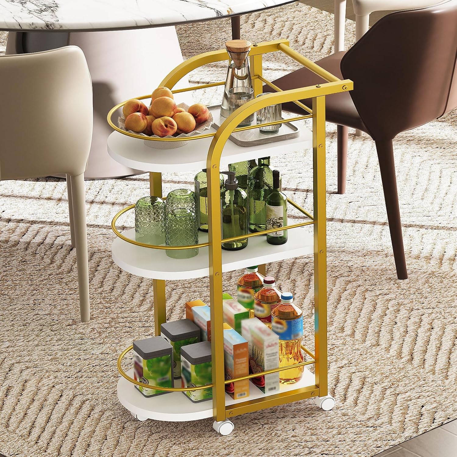 YATINEY white and gold 3-tier bar cart with safety rails standing in a dining area beside a chair and rug