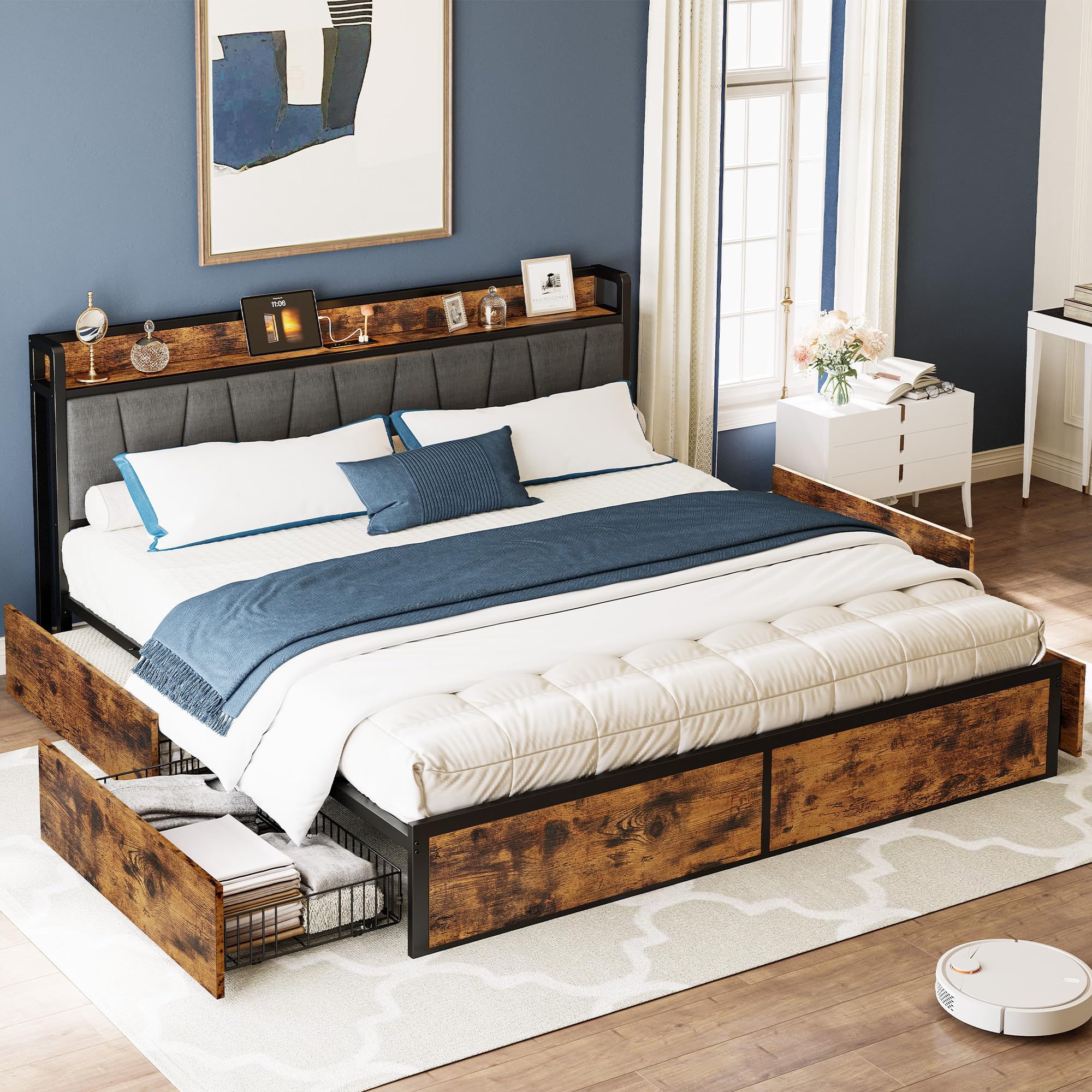 LIKIMIO California King Bed Frame with 4 Storage Drawers, Platform Bed with Charged Headboard, Sturdy and Stable, No Noise, No Box Spring Needed, Easy to Install, Vintage Brown and Gray Image LIKIMIO California King Bed Frame with 4 Storage Drawers, Platform Bed with Charged Headboard, Sturdy and Stable, No Noise, No Box Spring Needed, Easy to Install, Vintage Brown and Gray Image