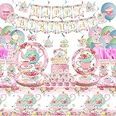 KEFAN Tea Birthday Party Decorations, Tea Theme Party Tableware Supplies including HAPPY BIRTHDAY Banner, Plates, Cups, Napkins, Tablecloth, Balloons for Girls Birthday Party, Serves 20