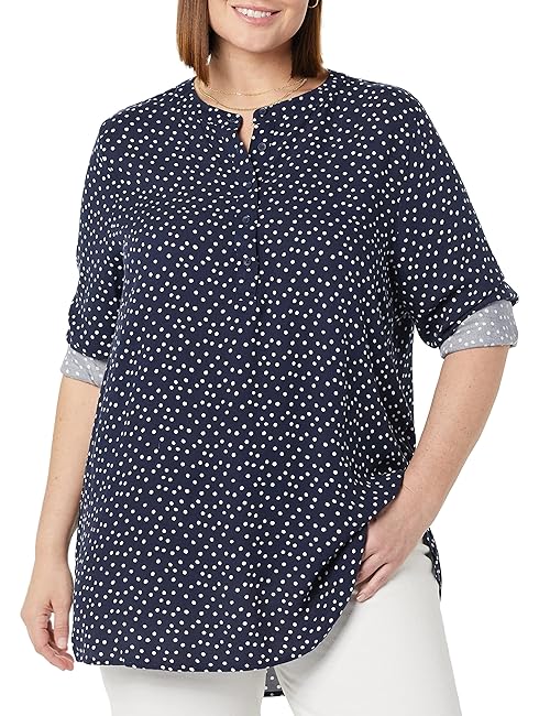 Amazon Essentials Women's Long-Sleeve Woven Blouse, Navy Dots, Small
