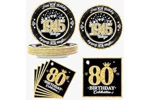 algpty 60 PCS Vintage 80th Birthday Plates and Napkins Set, 80th Birthday Decorations Black and Gold, Service for 30, 1945 Birthday Dessert Plates and Napkins Party Supplies for Men Women