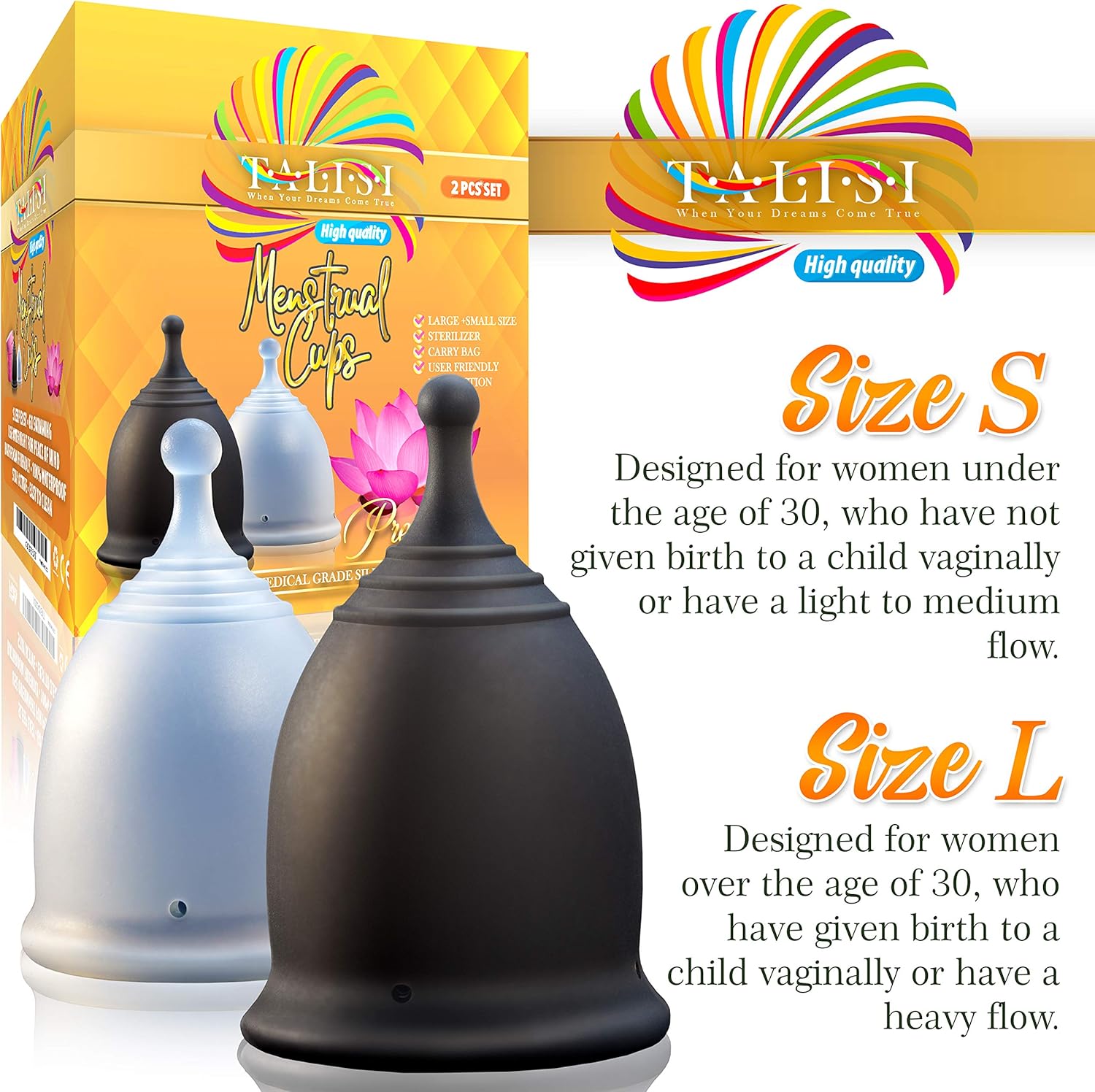 Talisi Reusable 2 Menstrual Cups - Period Cup Set for Women with Collapsible Sterilization Cup and Travel Bag - Feminine Menstruation Alternative to Tampons - Regular and Heavy Flow: Health & Personal Care