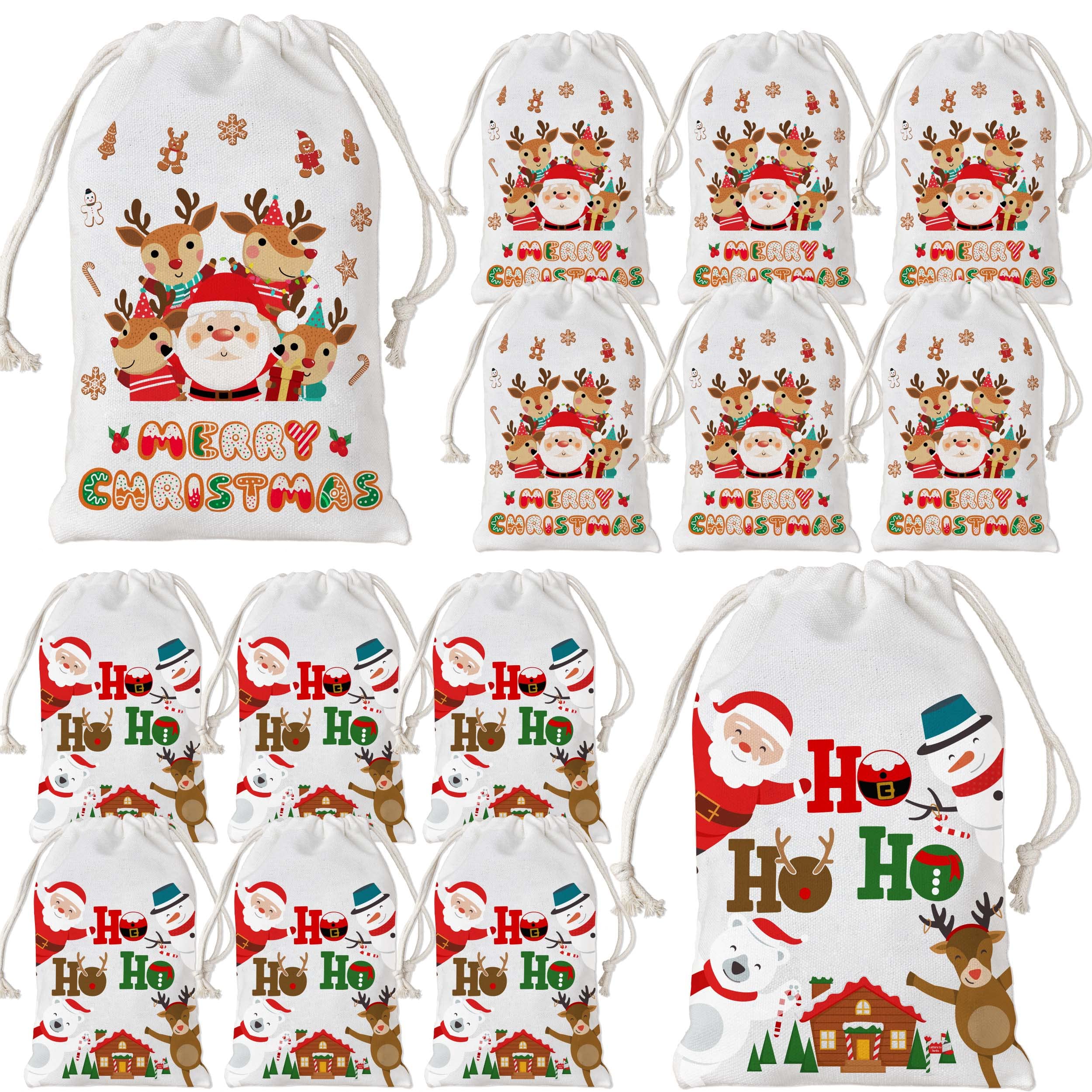 Christmas Drawstring Bags 12Pcs, Santa Goody Sacks Reusable Gift Bags, Cotton Favor Goodie Sack, Xmas Multipack for Chocolate Candy Small Toys (8''*5'')