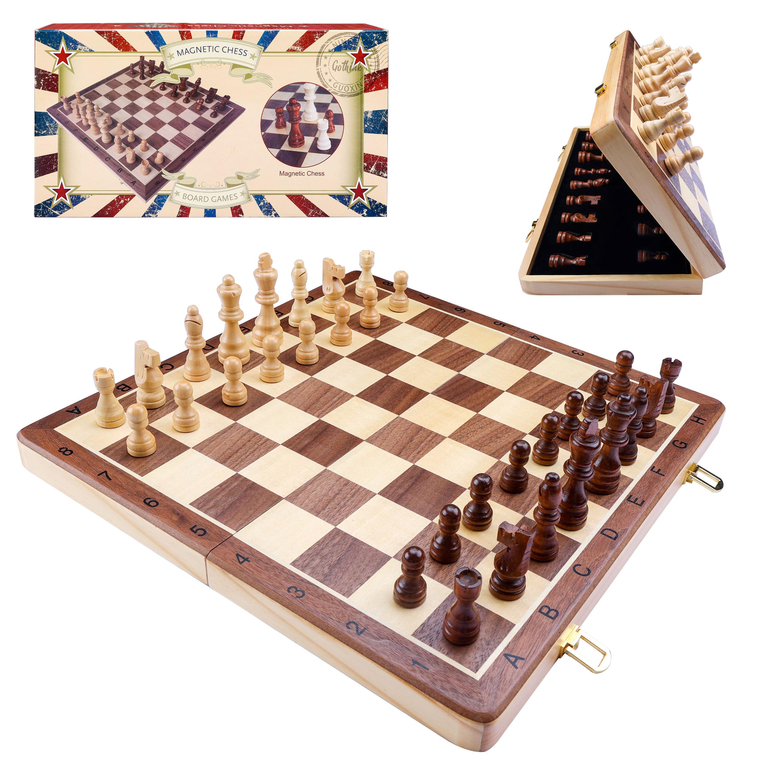 Magnetic Wooden Chess Set 15 Inch - Folding Portable Chess Board Game with 32 Handmade Wood Pieces for Adults Kids, Professional Tournament & Beginner Travel Chess Puzzle
