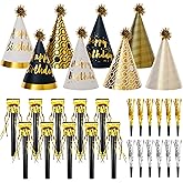 JOYEONDEF 30 Pcs Gold Birthday Party Hat Decoration Set – Gold Cone Hats Includes 8 Paper Party Hats and 22 Metallic Noise Makers for Adult Celebrations