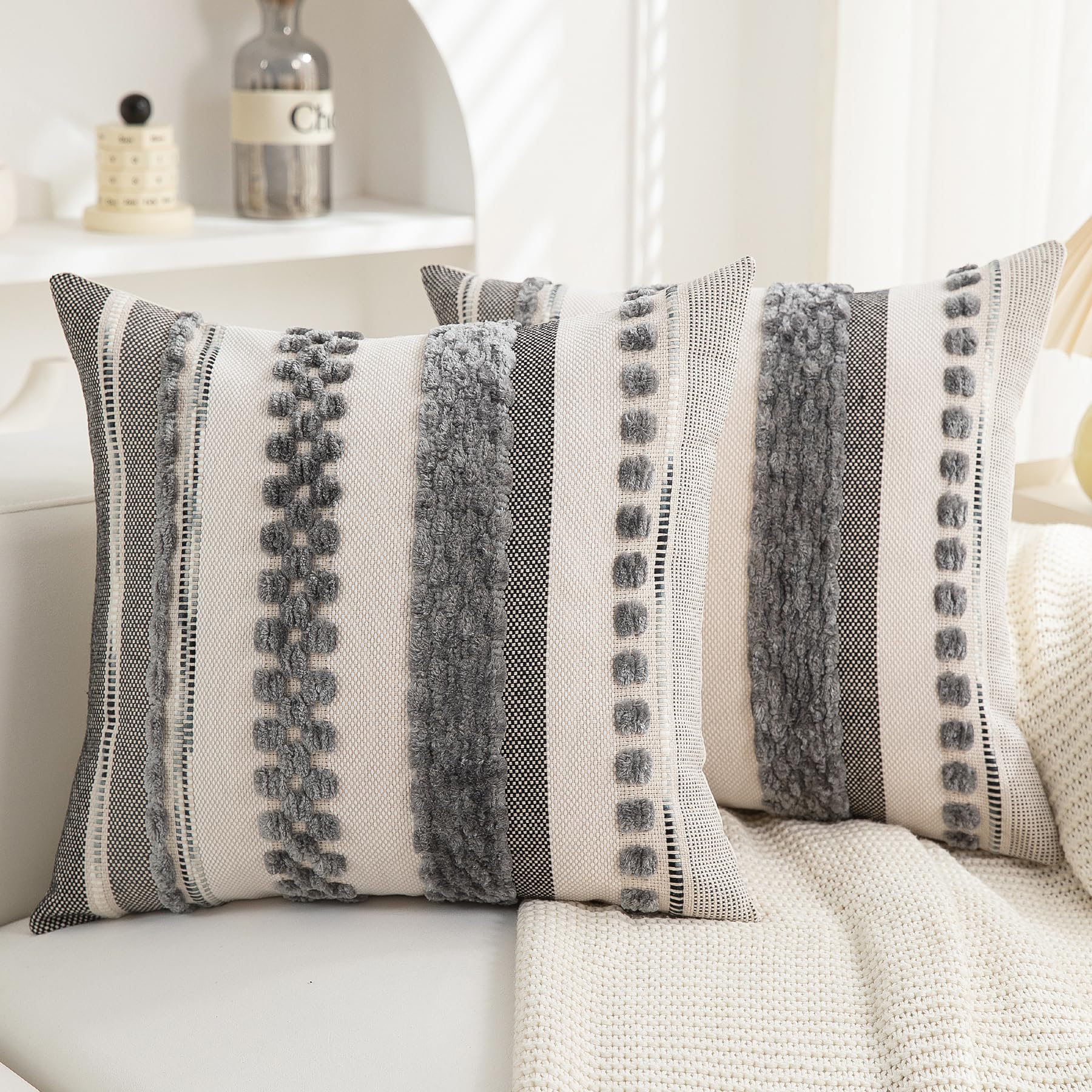 Photo 1 of Boho Throw Pillow Covers 18x18 Set of 2 for Couch-Modern Farmhouse Sofa Decorative Grey Throw Pillows Covers Textured Chenille Cushion Covers Outdoor Netural Bohemian Pillow Cases Square