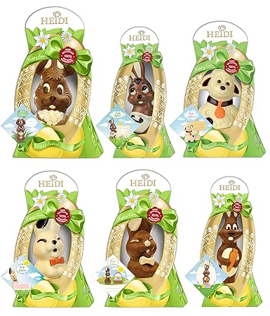 Osterschokolade von Heidi | 6er Set niedliche, handgemachte Hohlfiguren | 5x Osterhase und 1x Lämmchen aus weißer Schokolade 