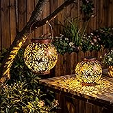 JOIEDOMI 2 Pack Outdoor Solar Hanging Lantern Lights, Waterproof Tabletop with Handle, LED Moroccan Lanterns, Metal Decorative Garden Solar Lights Spring for Patio, Lawn, Porch, Backyard